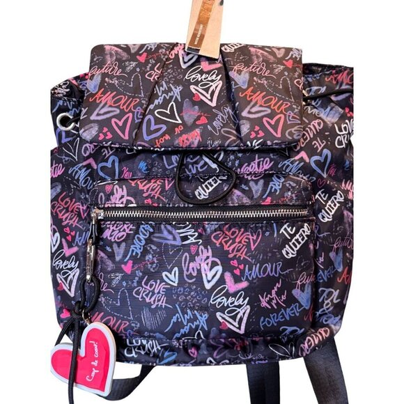 Parfois Love-Themed Graffiti Print Nylon Backpack With Adjustable Straps- NWT - Picture 2 of 14